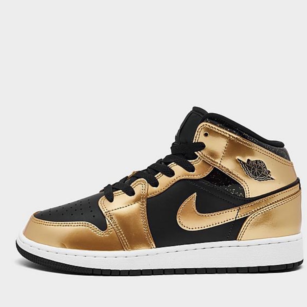 Boy Nike Jordan Gold and Black Mid 1 SE